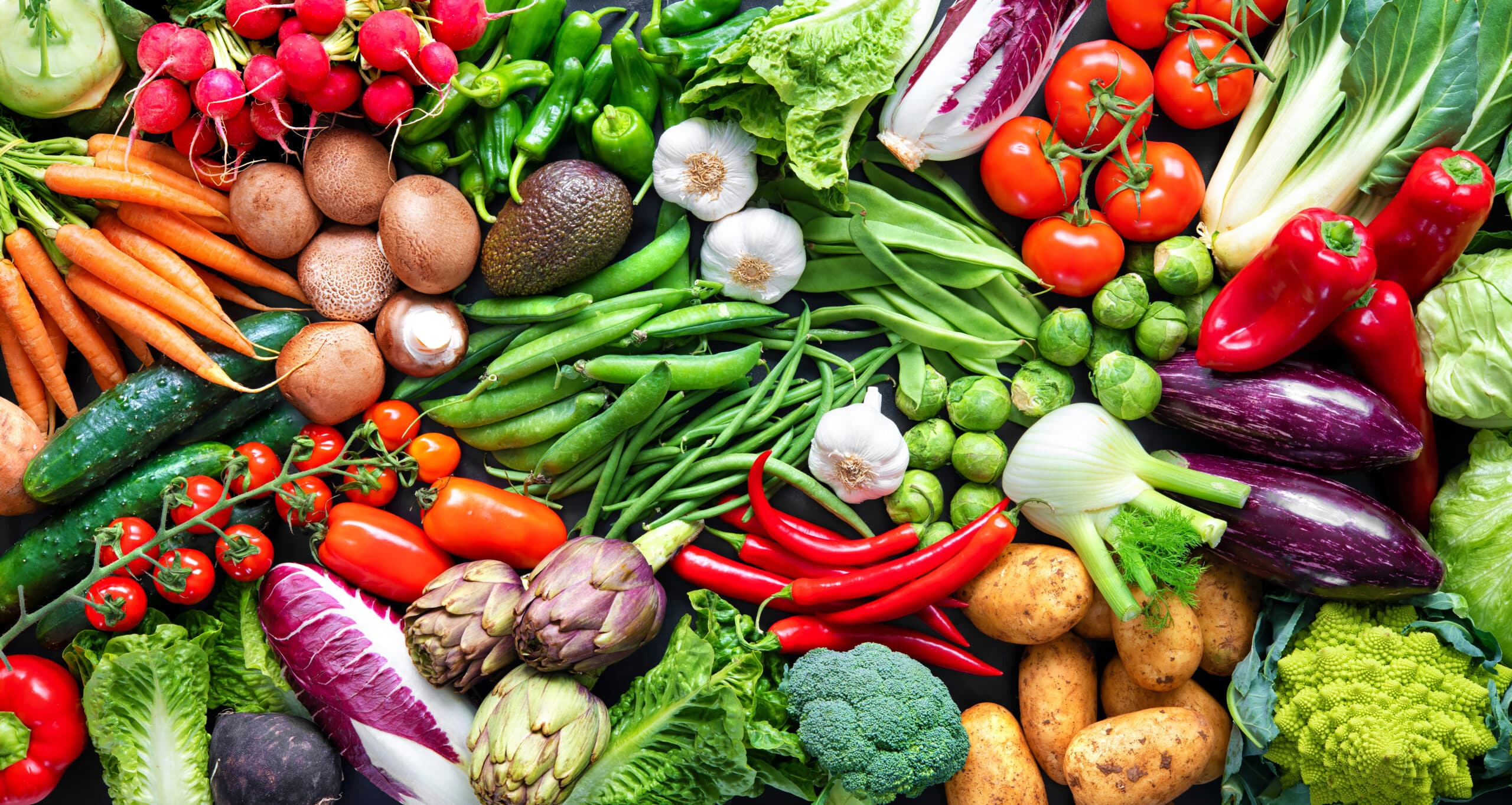 Panoramic Food Background With Assortment Of Fresh Organic Vegetables