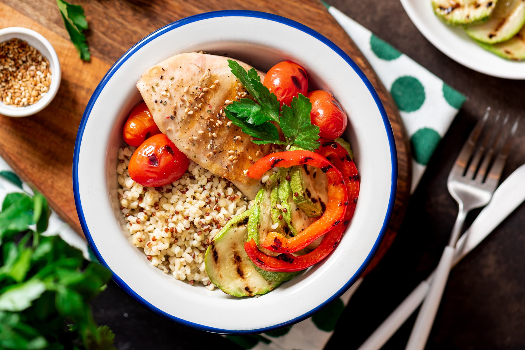 Healthy Balanced Foods. Bulgur And Quinoa, Chicken Fillet And Grilled Vegetables In A Plate, Top View.