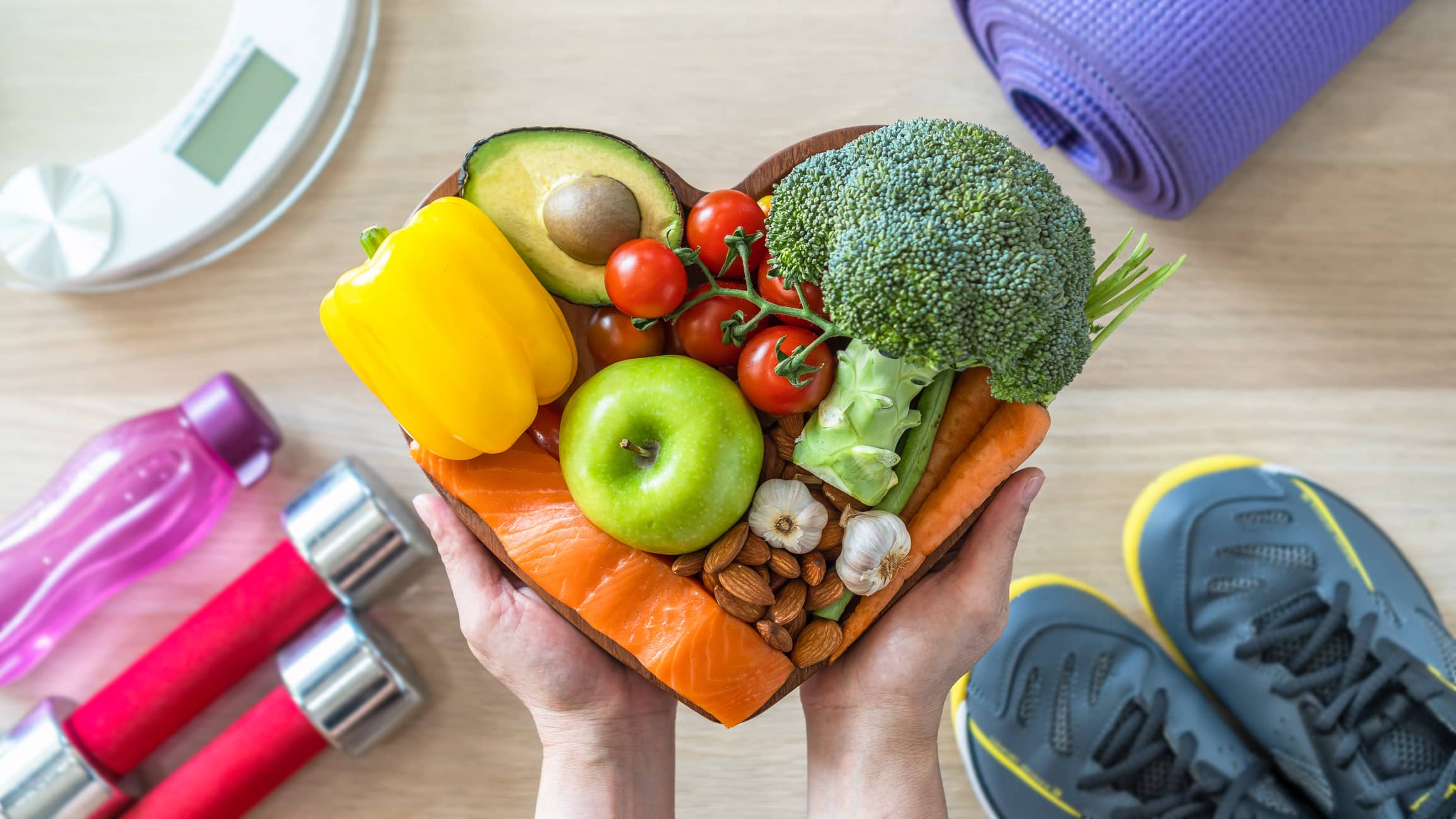 Healthy Lifestyle On Ketogenic Diet, Eating Clean Keto Food Good Health Dietary In Heart Dish With Aerobic Body Exercise, Gym Workout Training Class , Weight Scale And Sports Shoes In Fitness Center