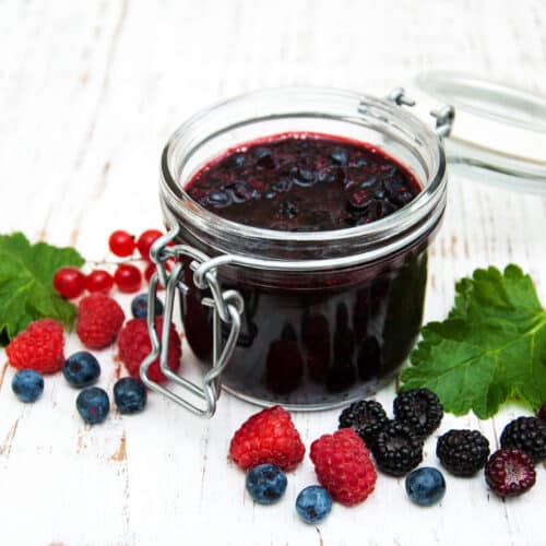 Blood Sugar-Friendly Mixed Berry Pancake Syrup 1 Dietitian Group Jam And Fresh Berries On A Wooden Background