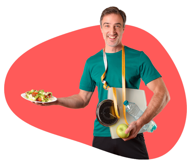 A man with measuring tape around his neck and holding a salad plate in one hand and weight machine in other