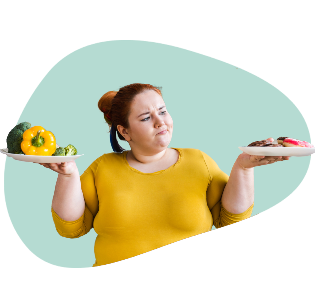 an oversized lady holding a plate of sweets in one hand and a plate of vegetable in other hand.
