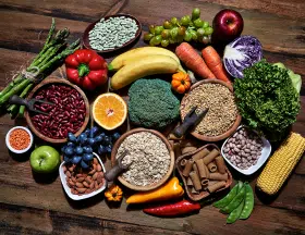 different fruits, vegetables and whole grains