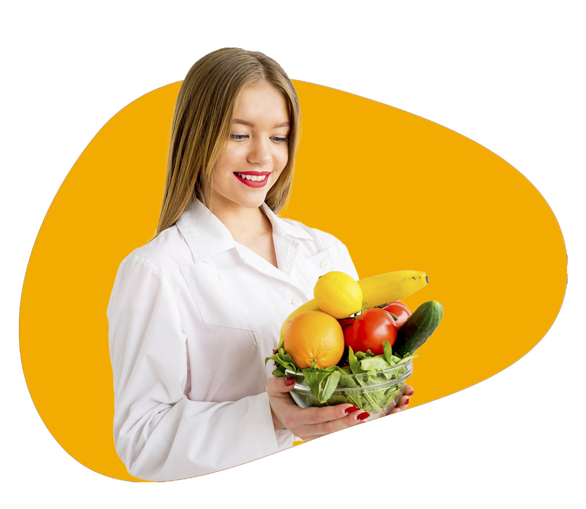 dietitian smiling and holding a bowl of uncut fruits in hands