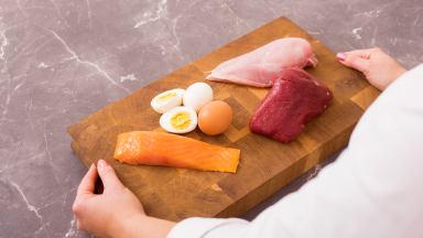 Different protein sources on a wooden board