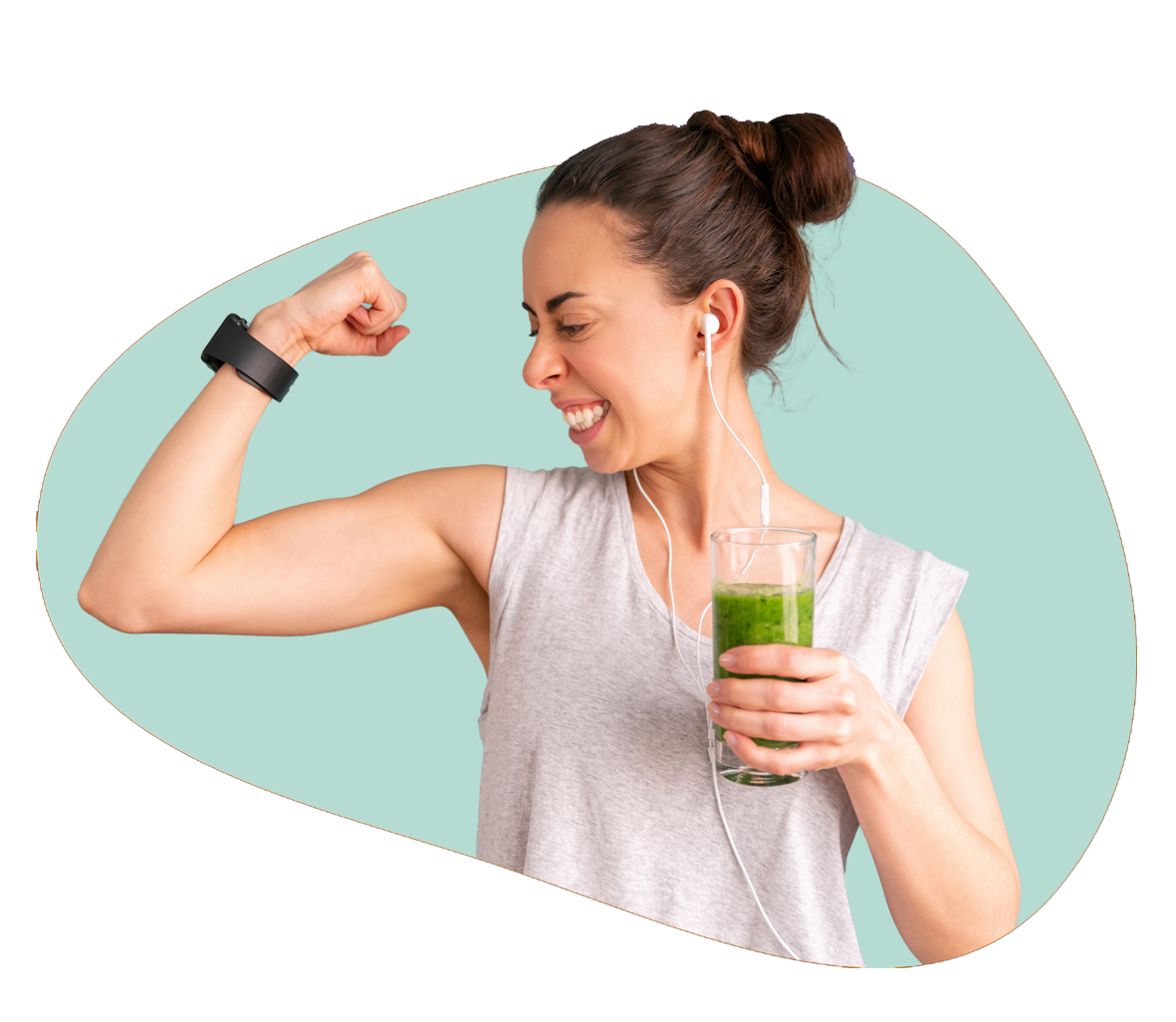 Lady showing arm muscles and holding green juice in other hand.