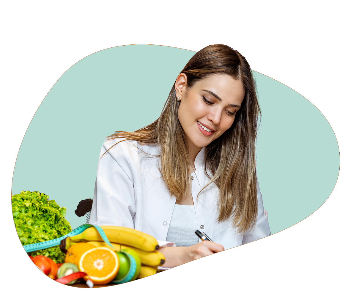 Lady writing something with fruits at the front