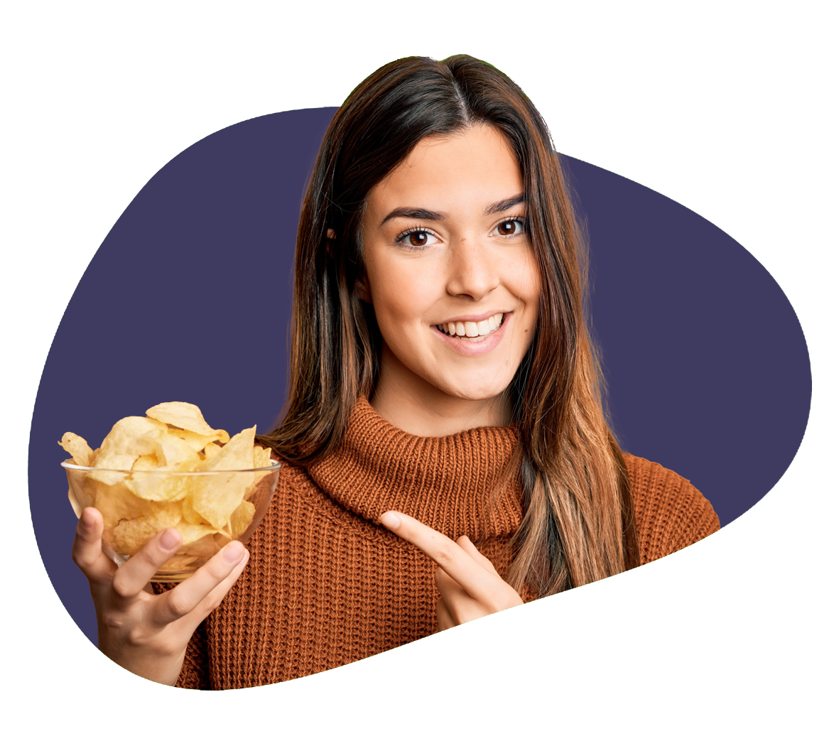 Person holds a bowl of chips in their hand while pointing to it with the other.