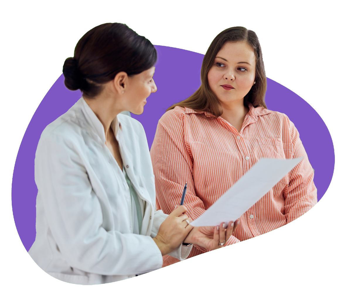 Patient looks at their Dietitian, who is holding a piece of paper and pen as they discuss their nutritional health plan.