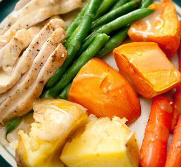 A plate of spiced chicken and steamed vegetables