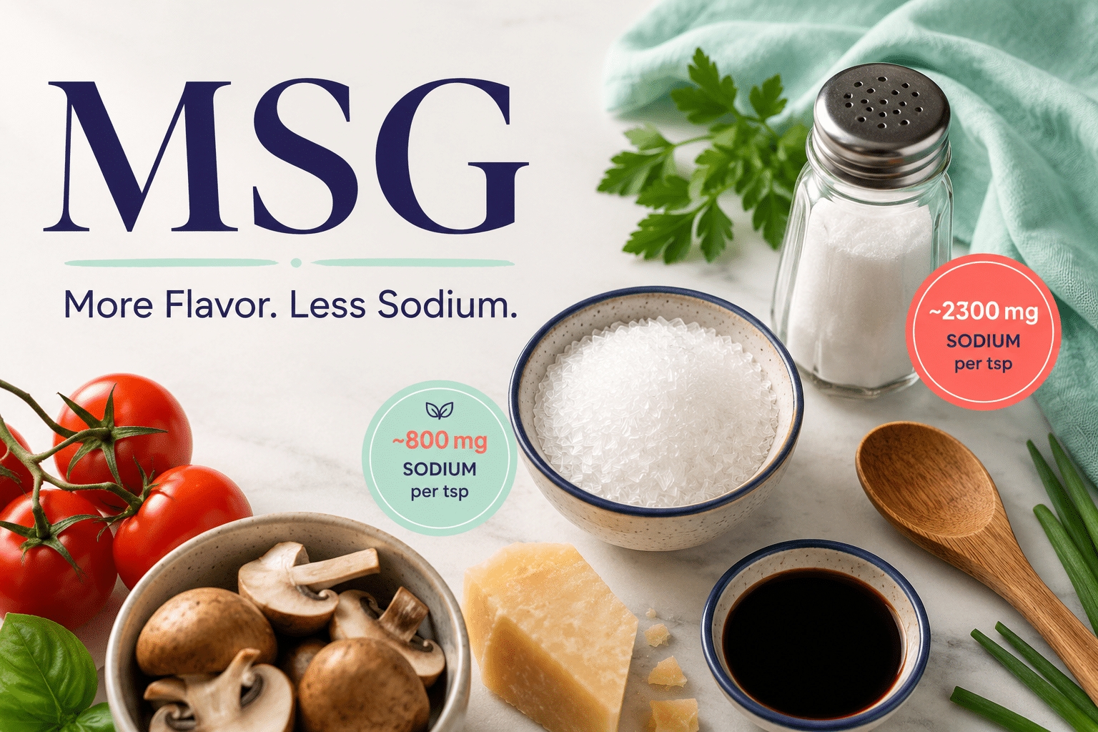 Msg Crystals In A Bowl Alongside Salt, Mushrooms, Parmesan Cheese, Soy Sauce, And Tomatoes, Illustrating Msg As A Lower-Sodium Flavor Enhancer.