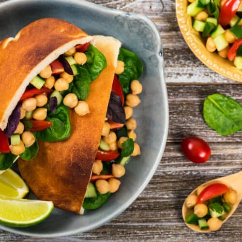 Garbanzo Bean or Chickpea Salad Veggie Pitas. Selective focus.