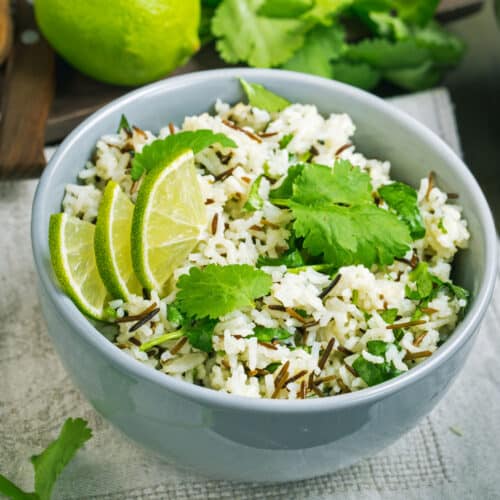 Bowl of cilantro lime basmati rice above