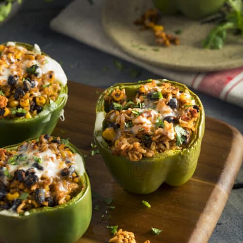 Homemade Meat and Rice Stuffed Bell Peppers with Cheese Cilantro