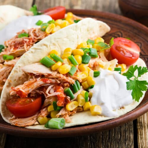 Homemade Slow Cooker Chicken Taco With Corn Served On Rustic Ceramic Plate On Wooden Table, Mexican Style