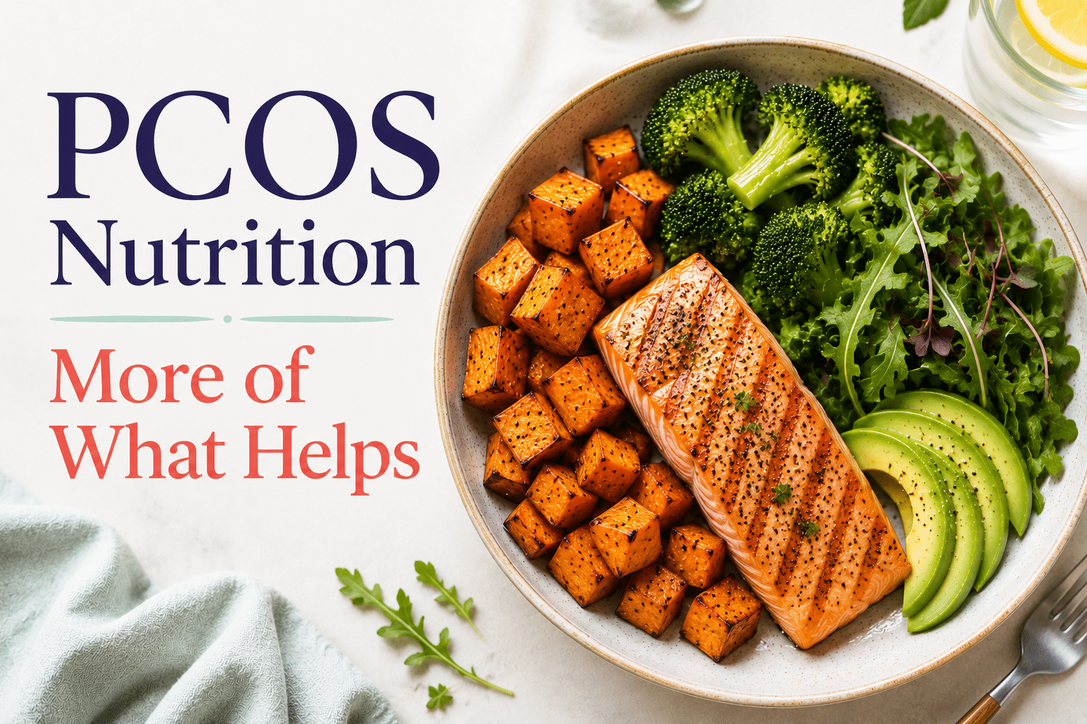 Pcos Nutrition Graphic Featuring A Balanced Meal With Salmon, Sweet Potatoes, Avocado, Broccoli, And Greens Alongside The Message “More Of What Helps.”