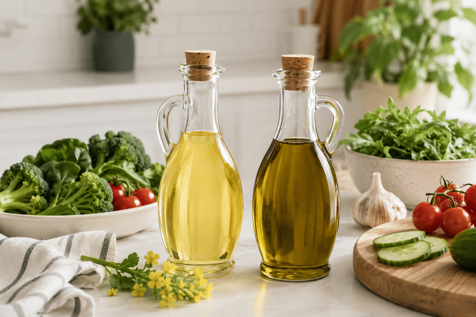 Bottles Of Canola Oil And Olive Oil On A Kitchen Counter Surrounded By Fresh Vegetables.