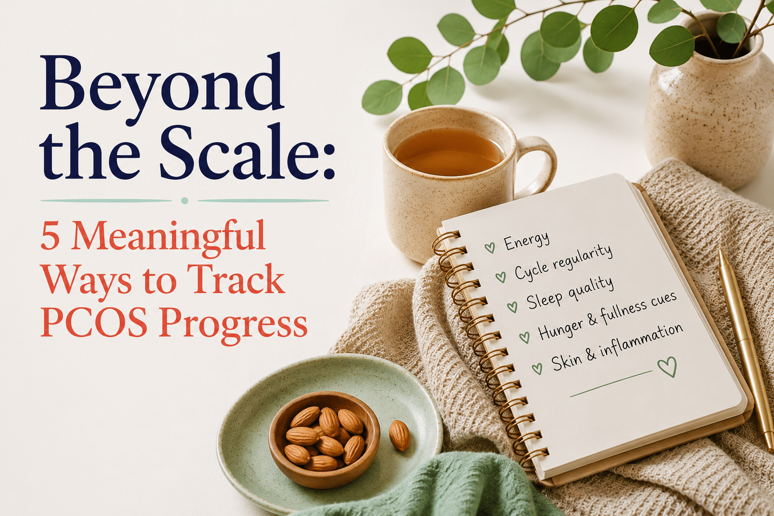 Pcos Progress Graphic Featuring A Notebook With Five Health Markers—Energy, Menstrual Cycle Regularity, Sleep Quality, Hunger And Fullness Cues, And Skin Health—Alongside The Title “Beyond The Scale: 5 Meaningful Ways To Track Pcos Progress.&Quot;
